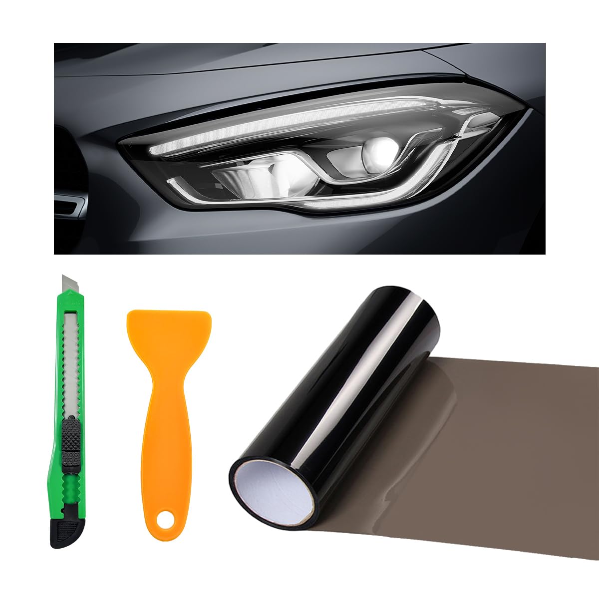 Photo 1 of povtii Tint Vinyl Film Sticker Sheet Roll for Car Headlight, 12×48 Inch Auto Taillight Vinyl Wrap Film, Self Adhesive Fog Light Vinyl Film with Squeeze & Cutter, Car Accessories (Light Black)