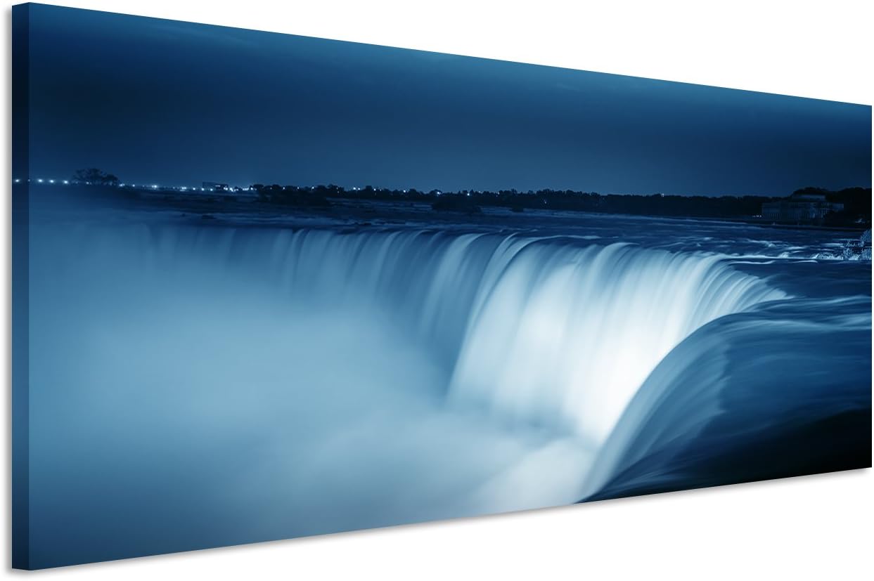 Sinus Art 150 x 50 cm Wall Picture - Colour Blue Petrol Panorama Picture on Real Canvas in Very High Quality - Niagara Waterfalls at Night