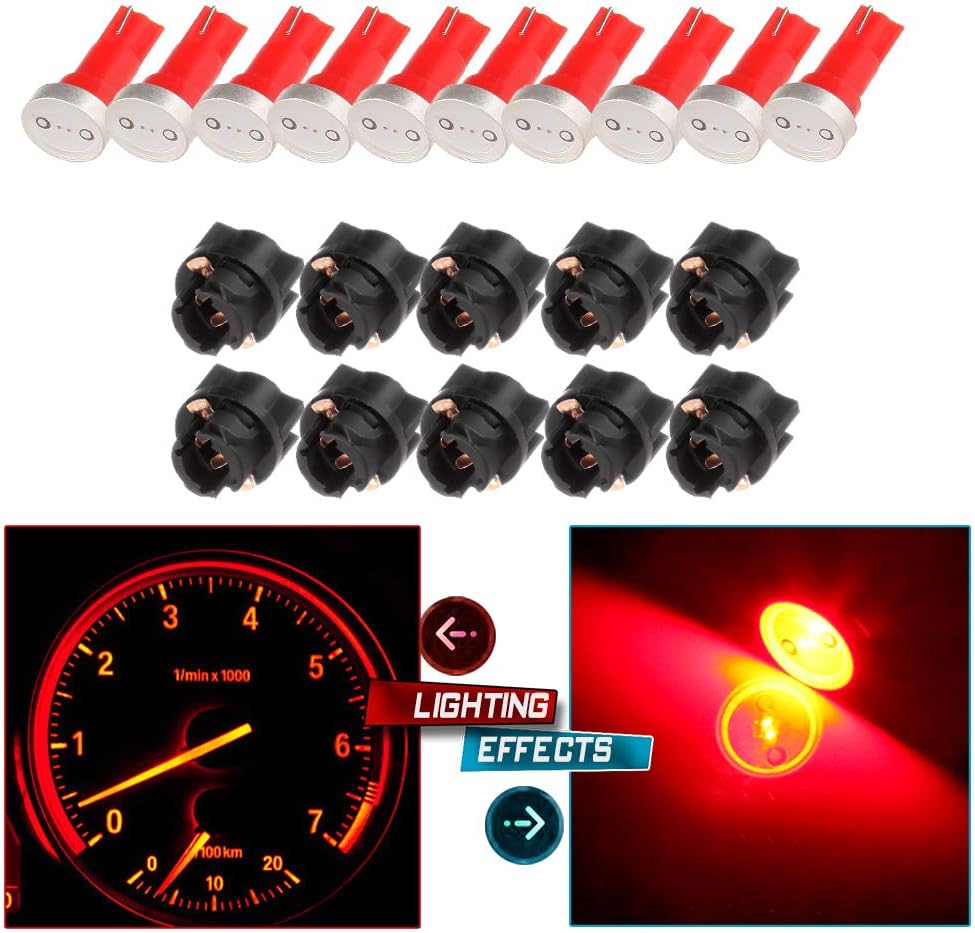 cciyu 10x High Power T5 73 74 Wedge Instrument Cluster Speedometer LED Light Bulbs Red + 10x Twist Sockets 17 37 70 Instrument Panel Cluster Plug Lamp Dash Light Bulb T5