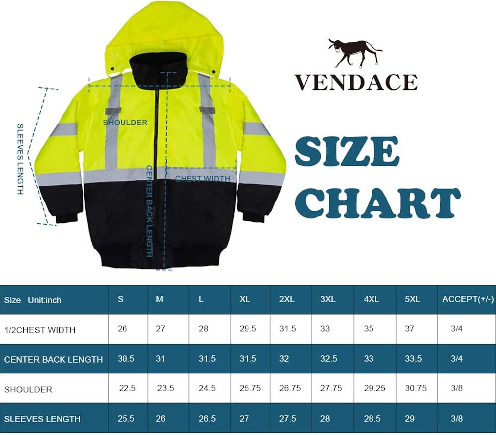VENDACE Men's ANSI Class 3 High Vis Safety Reflective Bomber Jacket Hoodie Waterproof with Detachable Hood: Clothing