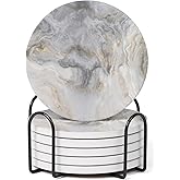 Hoomey Set of 6 Abstract Gray White Marble Coasters with Holder, Absorbent Ceramic Coasters for Drinks, Coasters with Cork Backing for Table Protection, Housewarming Gifts for New Home