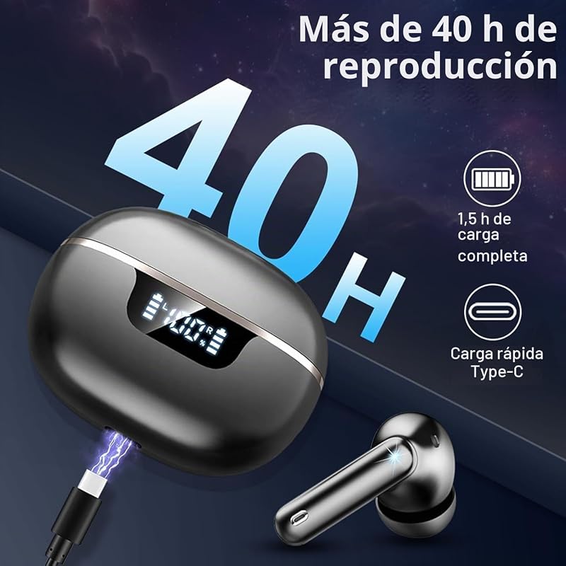 Auriculares Inalámbricos Bluetooth 5.4, Cascos Inalambricos Sonido HiFi Estéreo, Cancelación de Ruido ENC en Llamada, 48h Reproducción, IP7 Impermeable/Pantalla LED Digital/Carga Rápida USB Tipo-C — foto 3 de 7