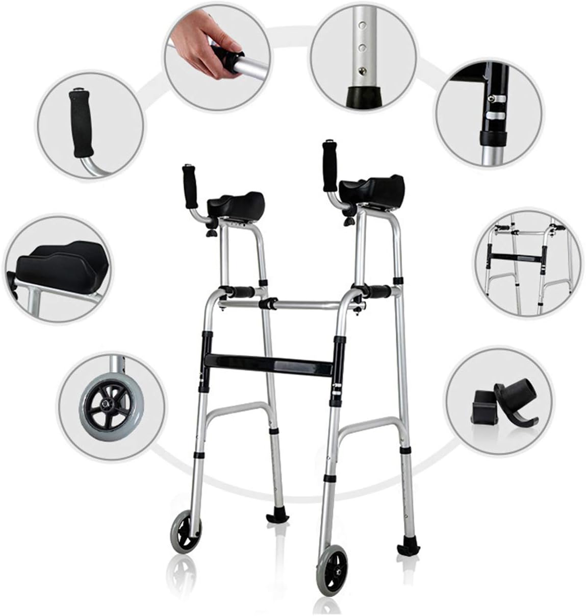 Autopeck Walking Walker Adjustable Elderly Standard Walkers Equipped Rest Arm Mobility People Pad Folding Support Wheel Aid Foldable Assist Wheels （Two-Wheeled Two-Legged Tube + seat Plate） -
