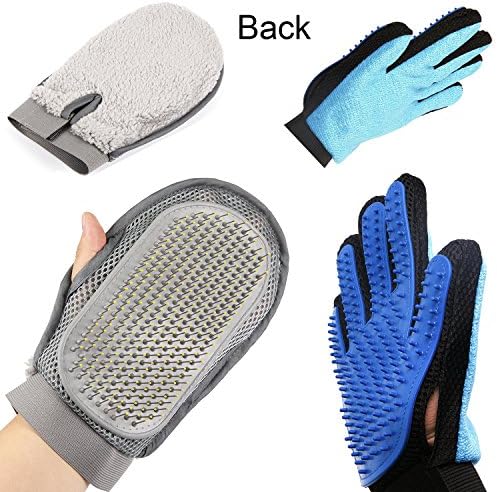 QUMY 2-in-1 Pet Grooming Gloves Set Grooming Tool + Furniture Pet Hair Remover Mitt Gentle Deshedding Brush Rubber - Tips for Massage - Soft Groomer Mitt for Cats Dogs with Fur