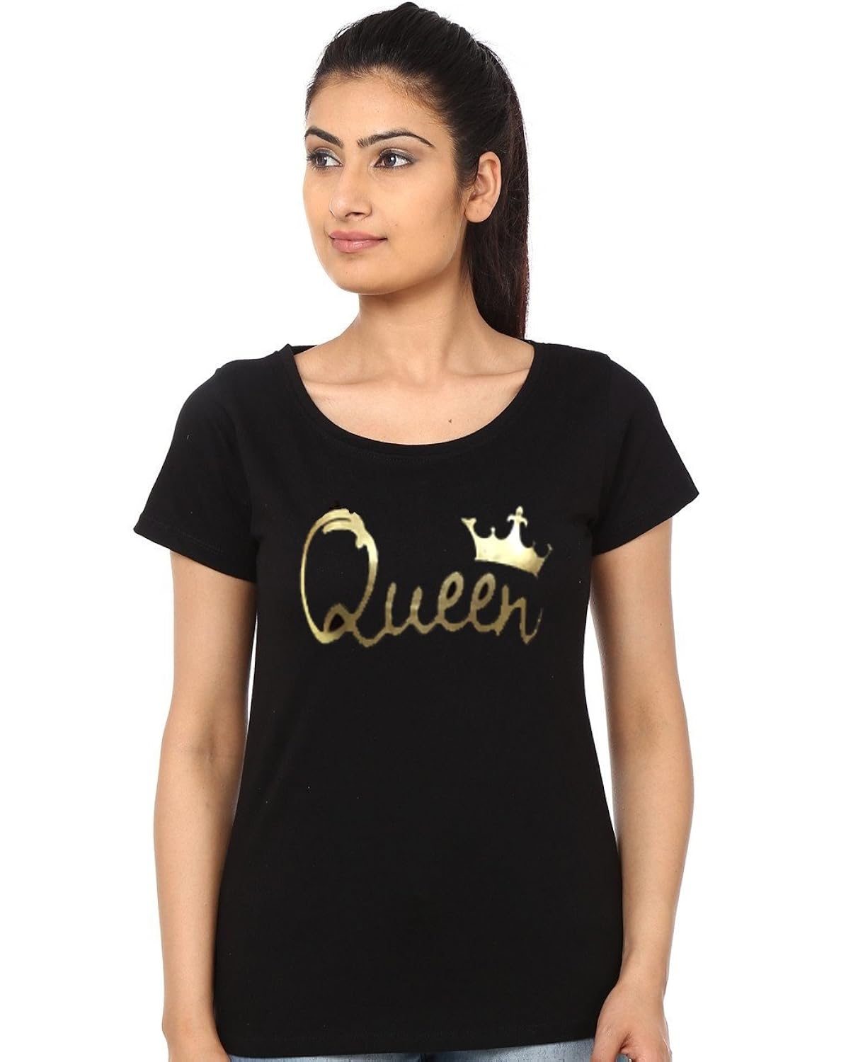 adyk women's half sleeves black color queen t shirt