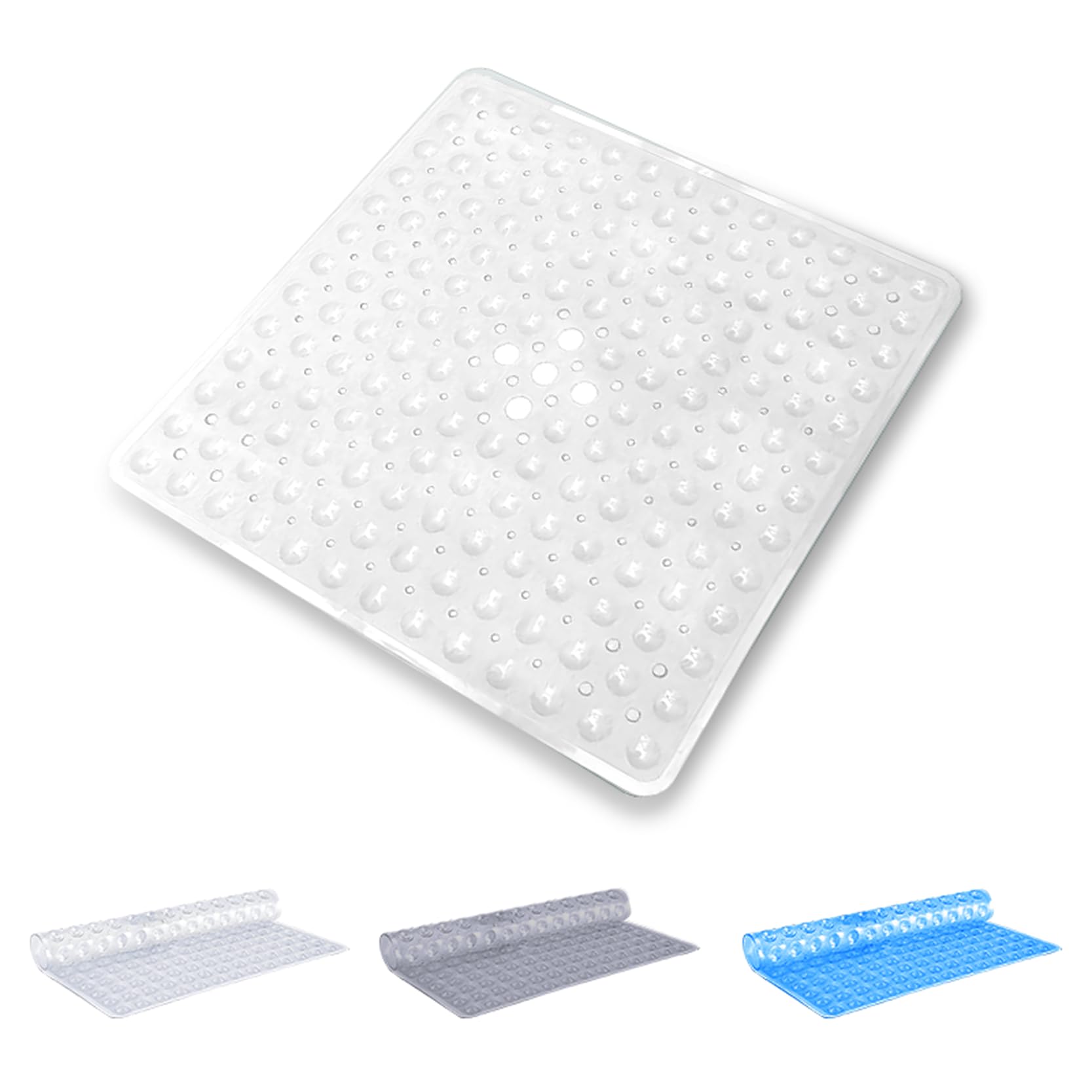 Oxford Homeware Shower Bath Mat Non Slip Anti Mould – White 53x53cm Square Shower Mat for Bathtub and Bathroom with Drain Holes and Strong Suction Cups Machine Washable Bath Mats