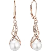 BELRYO Infinity Pearl Earrings for Women, 925 Sterling Silver Twisted Leverback Dangle Drop Earrings with 8MM Freshwater Pearl Cubic Zirconia Earrings, Birthday Anniversary Jewelry Gifts for Women