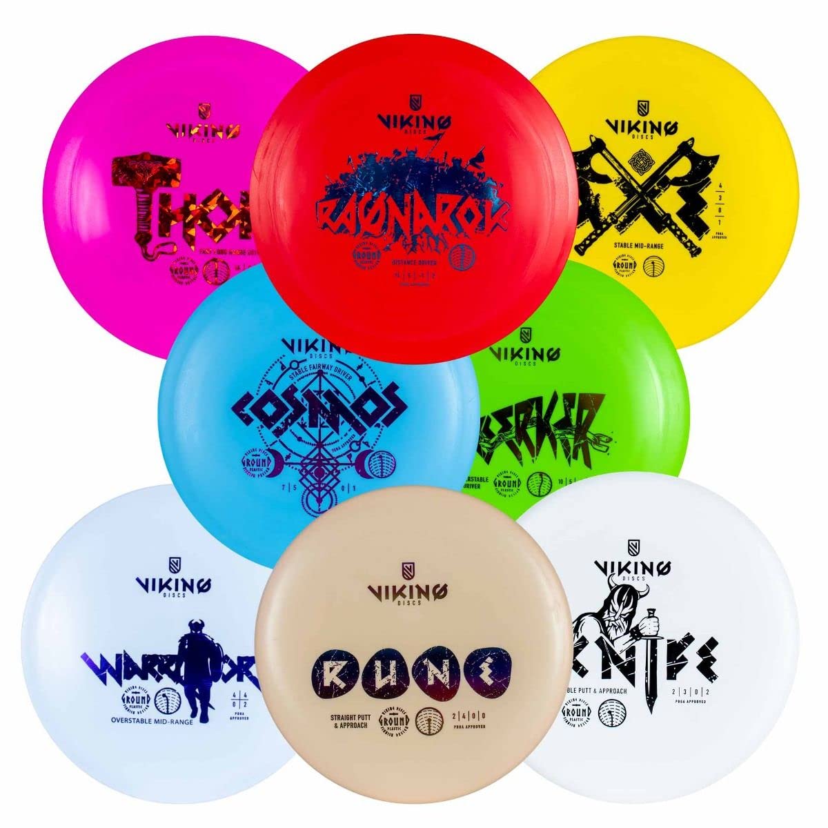Viking Discs Ground Disc Golf Set - 8 Frisbee Discs for Any Distance, PDGA Approved - Fun Sports Outdoor for Adults and Children - Putter, Mid-Range, Fairway Driver, Distance Driver