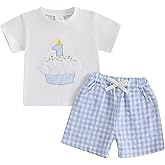 GOOCHEER Baby Boy Girl First Birthday Outfit 1 Cake Short Sleeve T Shirt Plaid Shorts One Year Old Birthday Clothes