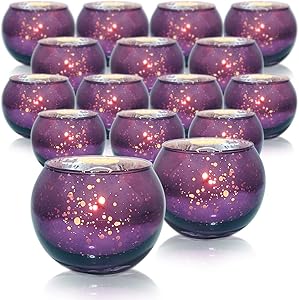 DerBlue 16Pcs Round Mercury Glass Votive Candle Holders for Wedding Centerpieces, Valentines Dinner, Garden Tub and Any Theme Events (Purple)