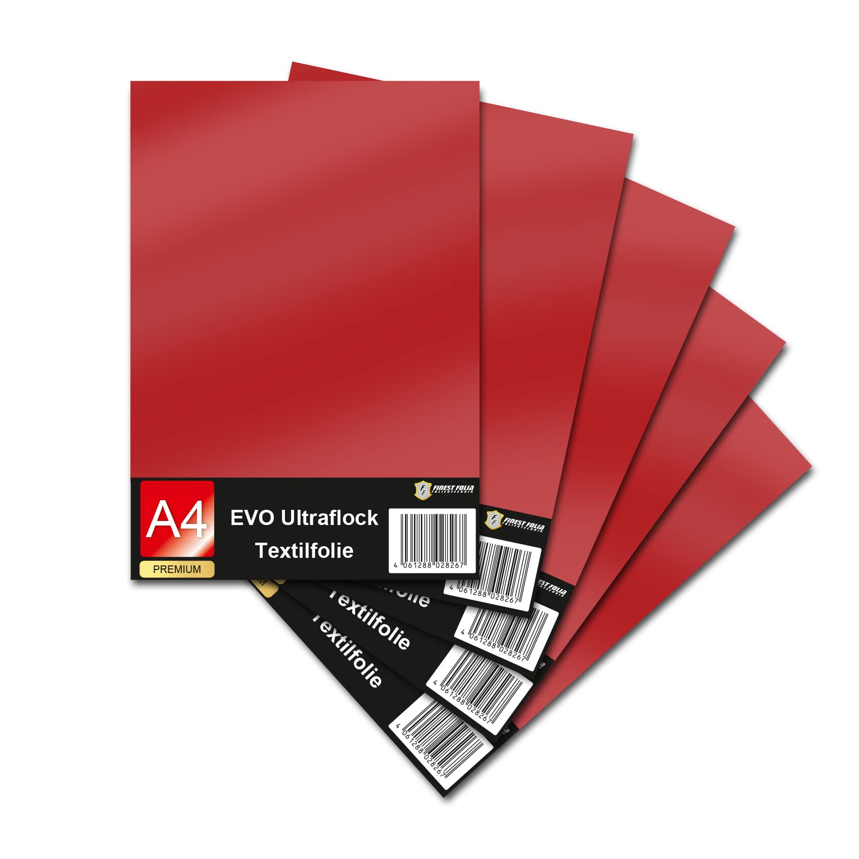 Evo Ultraflock Textile Film for Plotter, 33 Colours, Flock Film in DIN A4 Format, 30 x 20 cm, Plotter Film for Fabric, Clothing, T-Shirt, Flock Film Accessories (Set of 5, 006 Red)