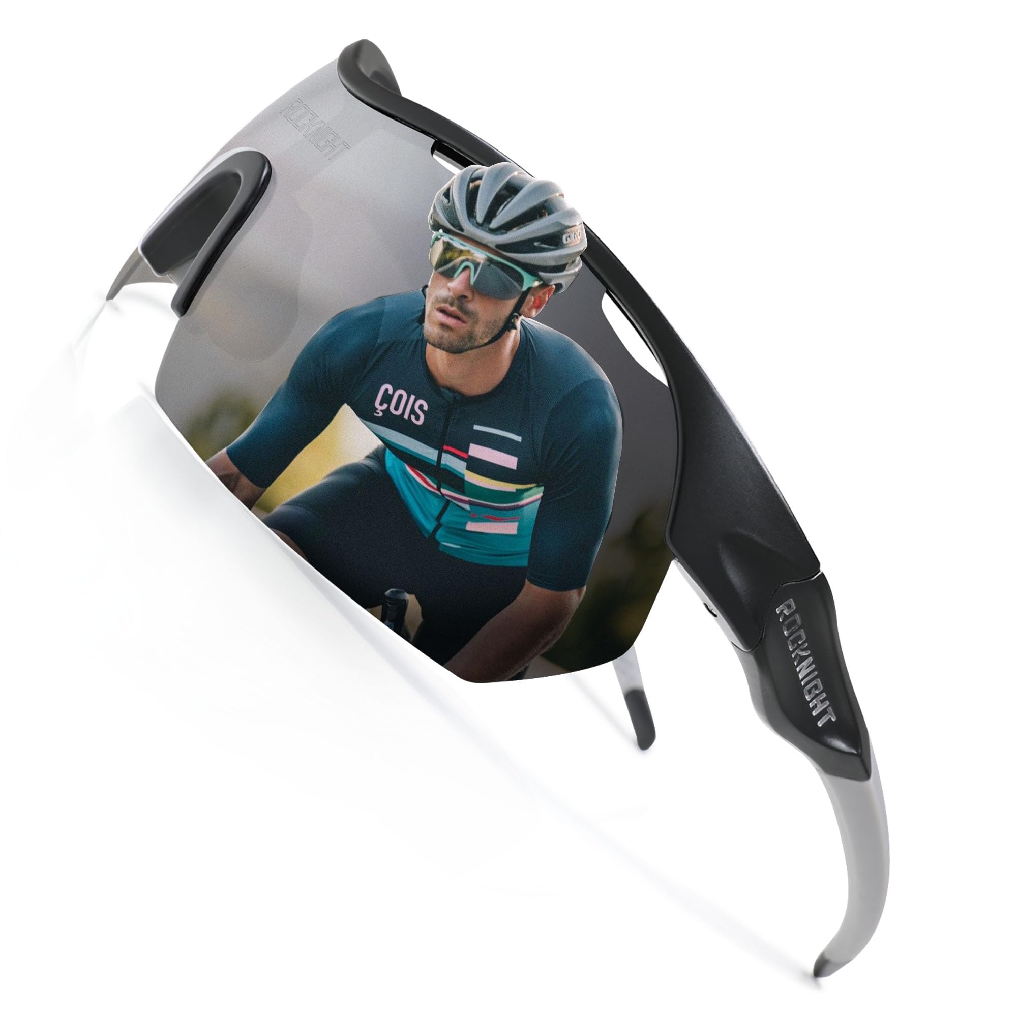 Photo 1 of ROCKNIGHT HD Cycling Sunglasses for Men Polarized UV Protection Lightweight Semi Rimless Rectangular TR90 Black Frame Grey Lens