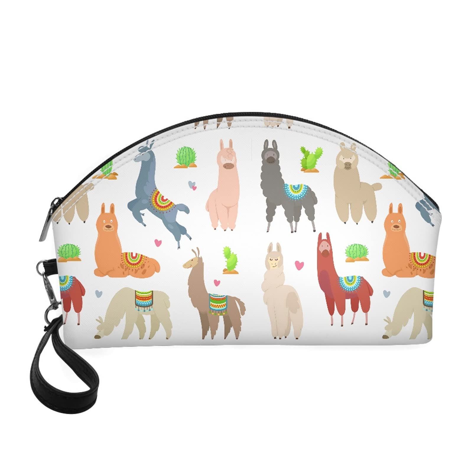 STUOARTE Casual Cosmetic Bag for Women Girls, Cartoon Alpaca Design Zipper Travel Makeup Bag, Small Curved Cosmetic Makeup Organizer