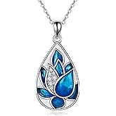 VONALA 925 Sterling Silver Green Bamboo Leaf Necklace Blue Lotus Flower Pendant Enamel Jewelry for Women Green Teardrop Pandent Birthday Gifts