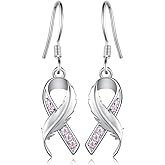 Breast Cancer Awareness Pink Ribbon Earrings 925 Sterling Silver Pink Ribbon Dangle Drop Earrings Breast Cancer Survivor Jewelry Gifts for Women