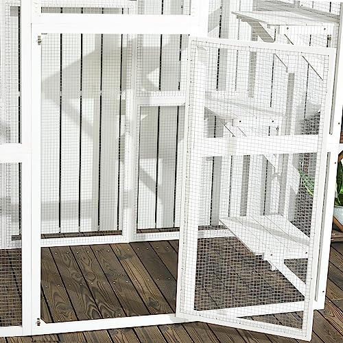 PawHut Outdoor Catio Cat Enclosure, Large Weatherproof Cat House with Asphalt Roof, 6 Jumping Platforms, Wooden Walk-in Kitty Cage for Multiple Kittens, 71" x 39" x 71", White
