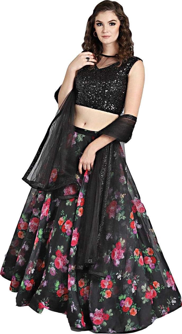 Women's Satin Semi-Stitched Lehenga Choli (Black & Pink)