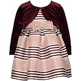 Bonnie Jean Girl's Holiday Christmas Dress with Cardigan - Burgundy Stripe Dress for Baby Toddler Little and Big Girls