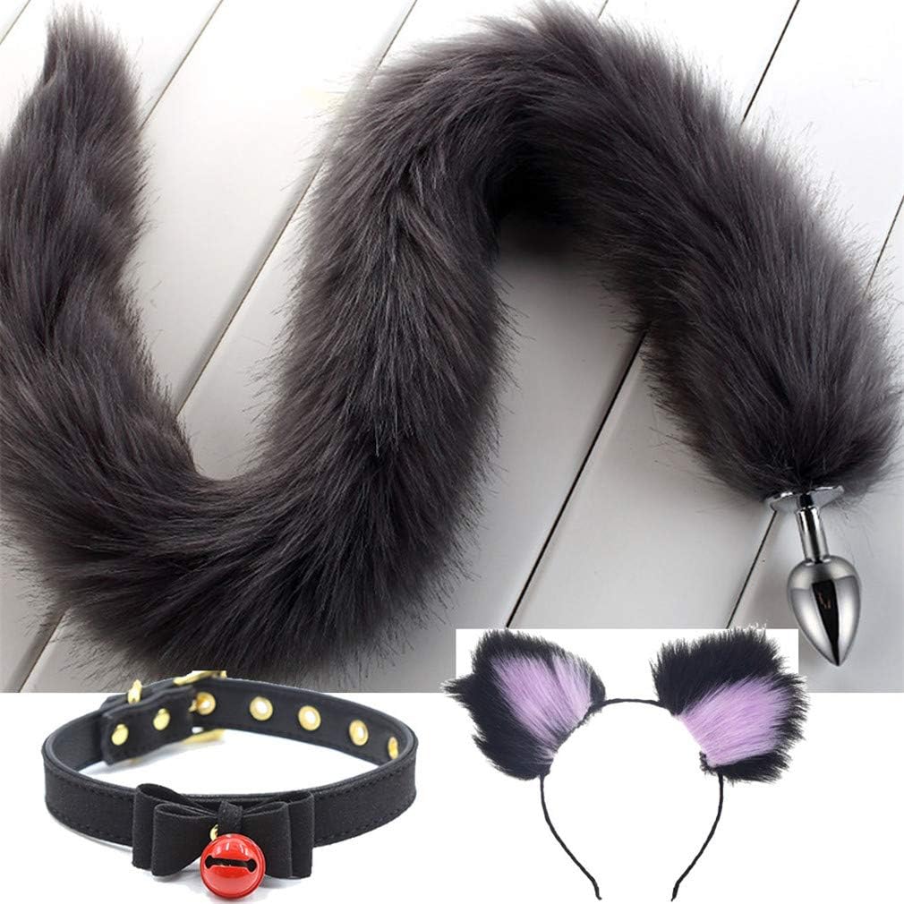 Collar, Cat Ears Headband & Long Grey Three Sizes Fluffy Faux Fox Tail Charms Role Play Costume Party Cosplay Prop (Style 9, S)