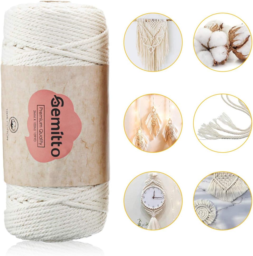 View of GEMITTO Macrame Cord 100m, Natural Cotton Rope 4-Strand Twisted Soft ...