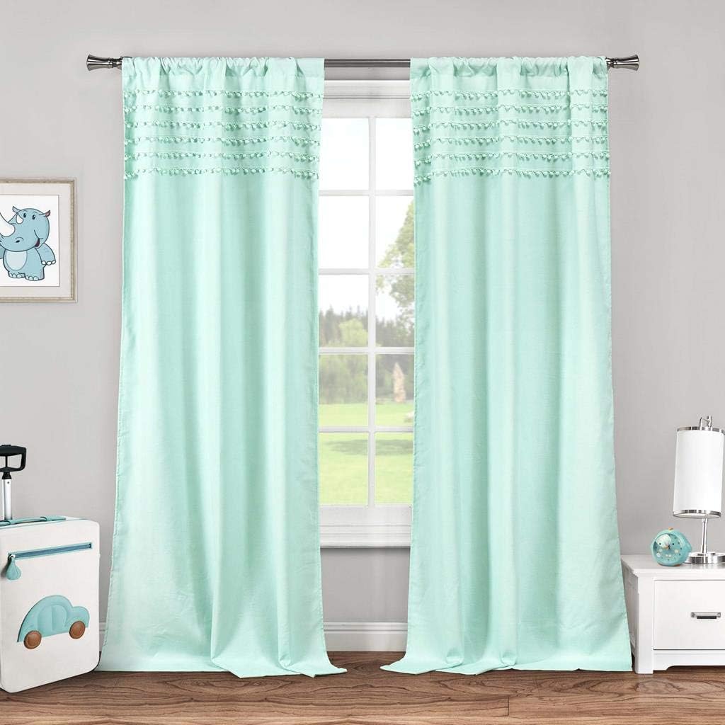 Lala + Bash - Lizbett PomPom Trim Top Border Pole Top Window Curtains for Living Room & Bedroom - Assorted Colors - Set of 2 Panels (38 X 84 Inch - Seafoam Blue)