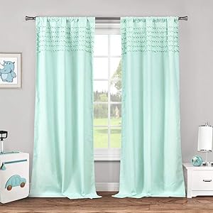 Lala + Bash - Lizbett PomPom Trim Top Border Pole Top Window Curtains for Living Room & Bedroom - Assorted Colors - Set of 2 Panels (38 X 84 Inch - Seafoam Blue)
