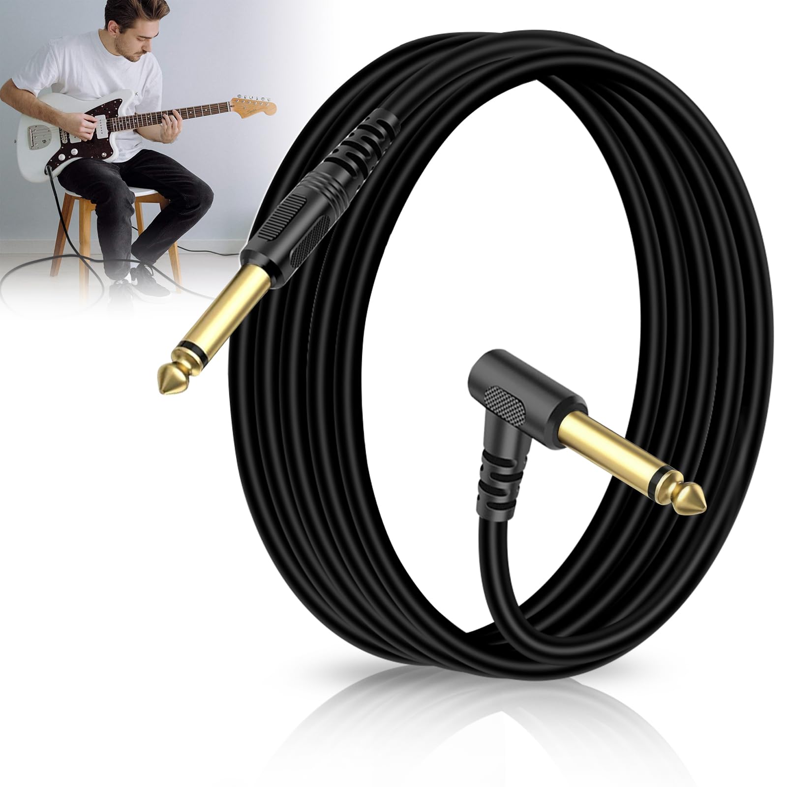 Guitar Cable 3M, Instrument Lead with 6.35mm (1/4") Straight to Right Angle Jack Plugs, Gold-Plated Amp Cord for Electric Guitar, Bass, Keyboard (Straight- Right Angle), Black