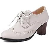 SHEMEE Women's Chunky High Heels Wingtip Oxfords Round Toe Lace Up Stacked Block Heel Vintage Brogues Pumps Shoes