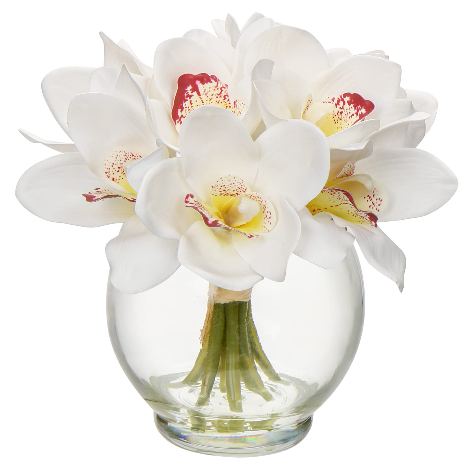 Oairse Artificial Orchid Flowers in Vase Real Touch White Faux Cymbidium Orchid Arrangement with Glass Vase Fake Water Decorative Artificial Flowers for Home Decor Table Centrepiece Living Room Office