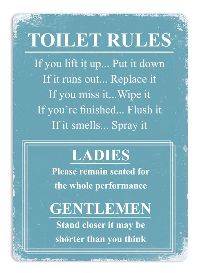 Toilet Rules Blue. Metal Wall Sign Plaque Art Inspirational. Funny