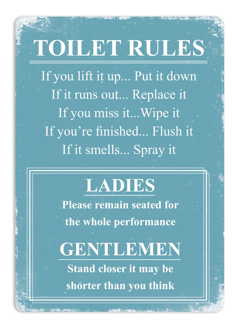 Toilet Rules: Blue Metal Wall Sign - Inspirational Art Fun.