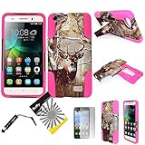 For Huawei Raven LTE H892L ITUFFY 3items: Screen Film+Stylus Pen+Dual Layer Impact Resistance Plastic Cover Soft Rubber KickStand Hybrid Case (Tree Deer Camouflage Hot Pink)
