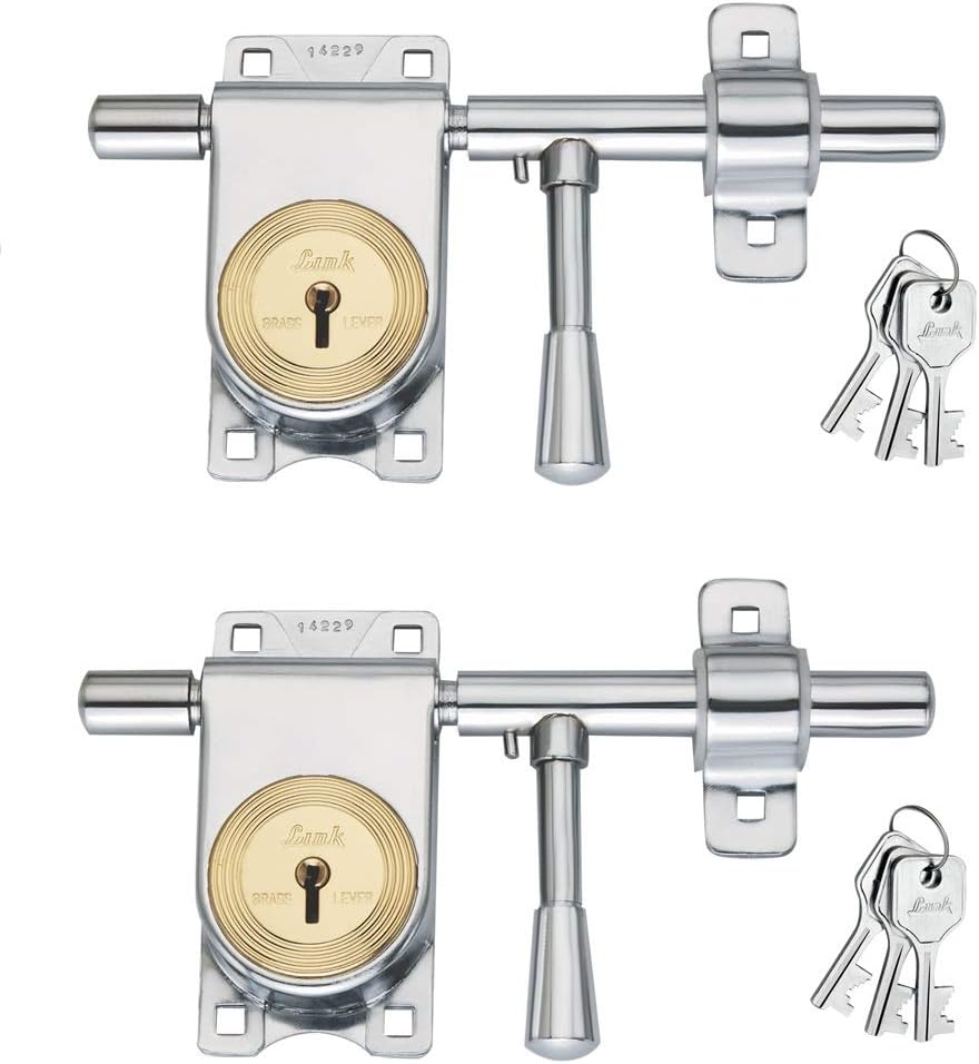 Link Rod Lock 8"/Pc_PK2 Brass Lever Rod Lock with 3 Keys (Pack of 2), Silver
