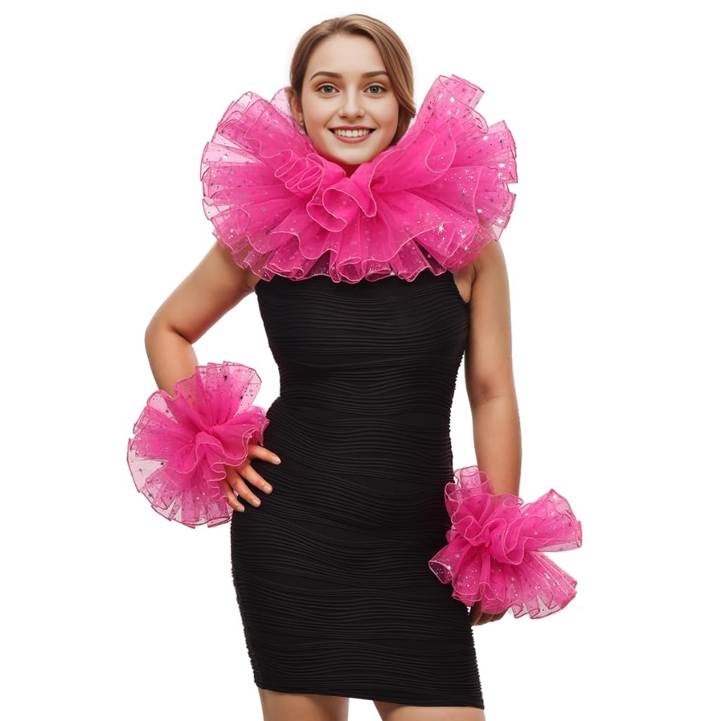 BPURB Renaissance Victorian Ruffle Collar and Wrist Cuffs Set Organza Layered Clown Choker Neck Collar Cuff (Rose Red)
