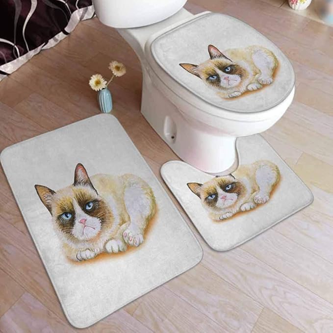 Animal Bath Rugs Set, Grumpy Siamese Cat Angry Paws Kitten Moody Feline