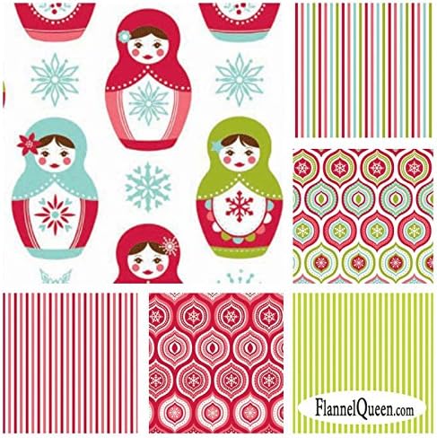 Riley Blake Merry Matryoshka Flannel Fabric Bundle, contains 6 Fat Quarter Cuts