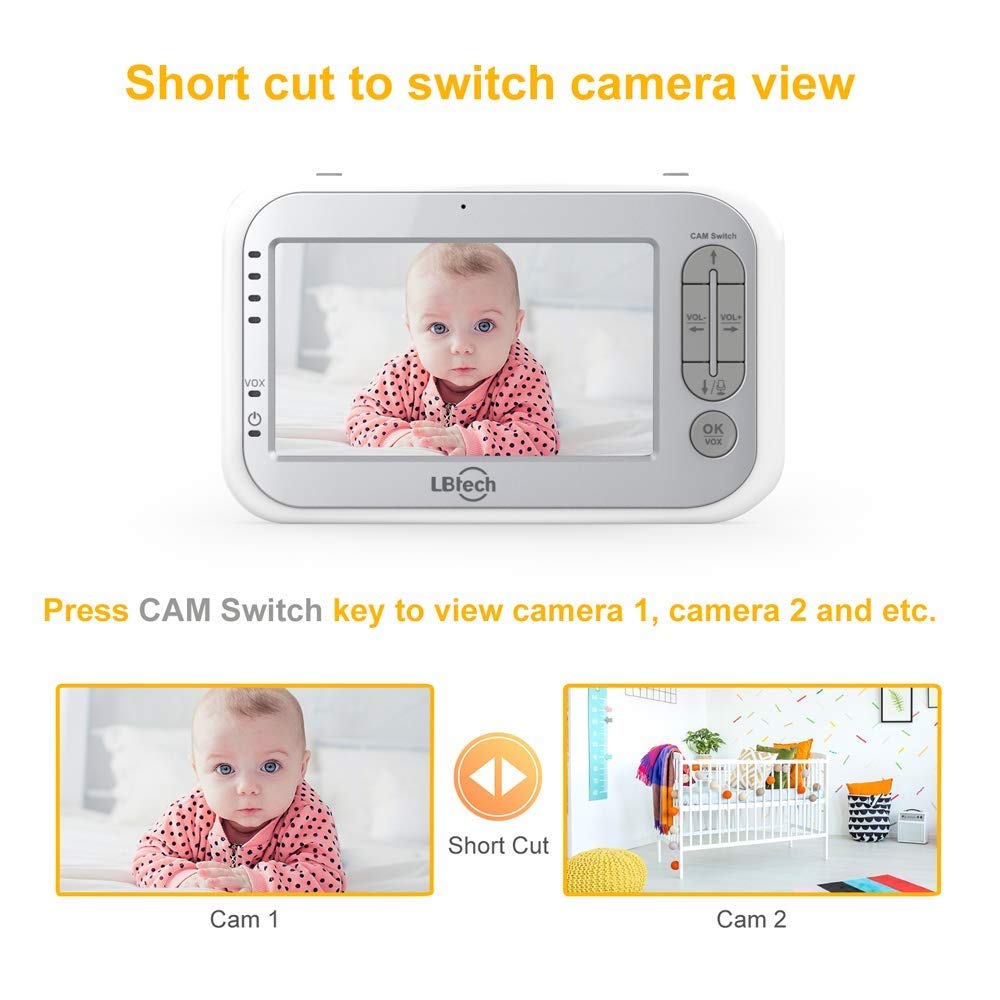 LBtech Video Baby Monitor with Two Cameras and 4.3" LCD, Auto Night Vision, Two-Way Talkback, Temperature Detection, Power Saving/Vox, Zoom in, Support Multi Camera : Baby
