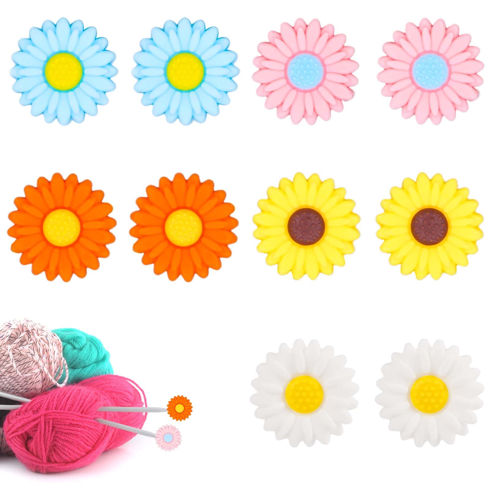 10pcs Knitting Needle Stoppers, Cute Needles Point Protectors Colorful Stitch Tip Caps Silicone Needle End Cover Knitting Accessories and Supplies(Daisy Style)