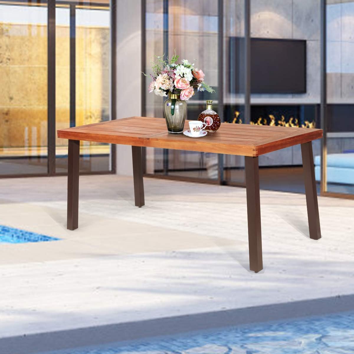 Giantex Patio Dining Table with Umbrella Hole, Outdoor Picnic Table for Backyard, Garden, Lawn, Farmhouse, Acacia Wood Rectangular Table with Metal Legs, Rustic Brown: Kitchen & Dining