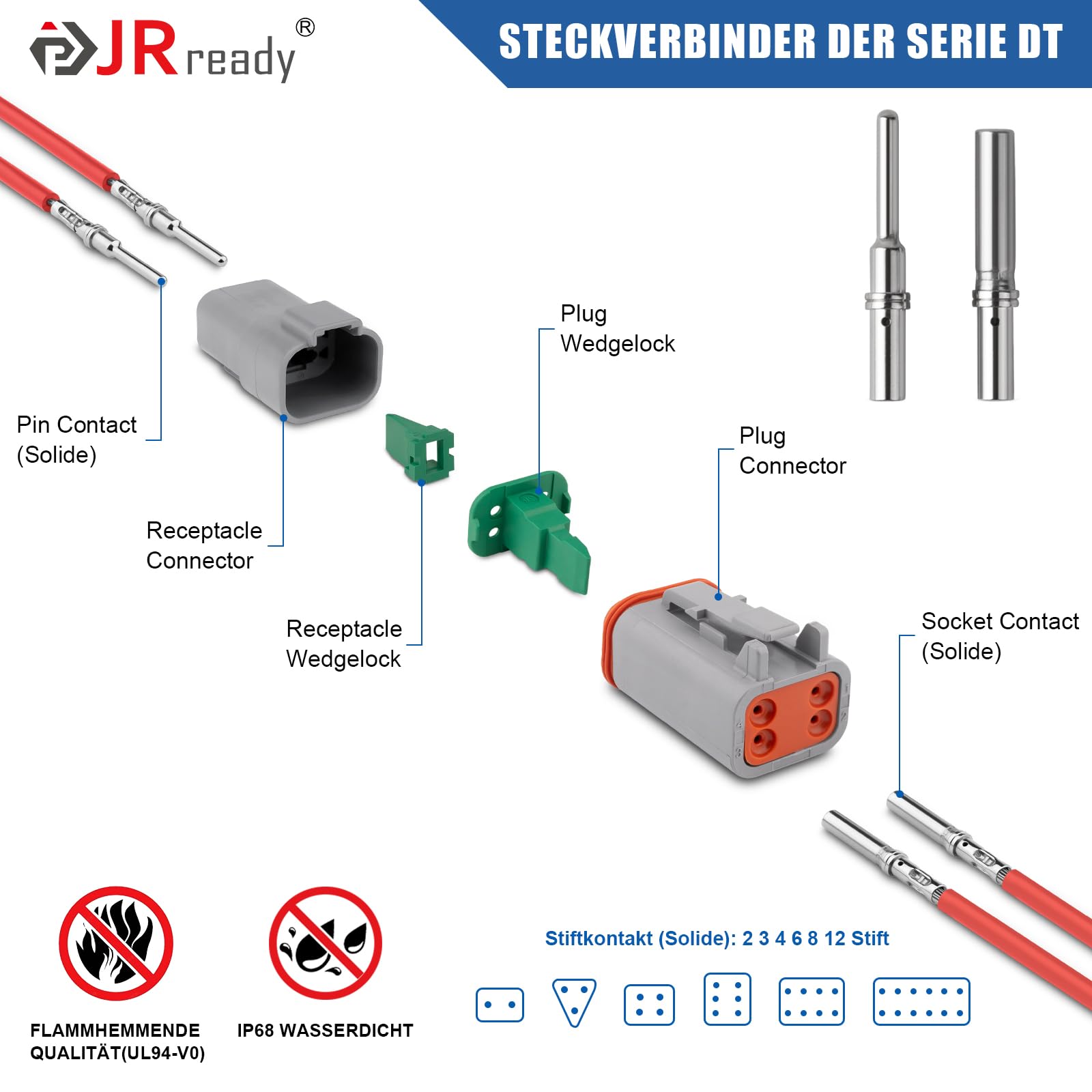 JRready DT Stecker Kit 604 PCS mit Crimpzange ACT-M202 (12-22AWG) Deutsch Stecker 2,3,4,6,8,12 polig IP68 Waterproof Größe 16 Terminal Kit 16-20 AWG Deutsch Removal Tool Repair Accessory 4