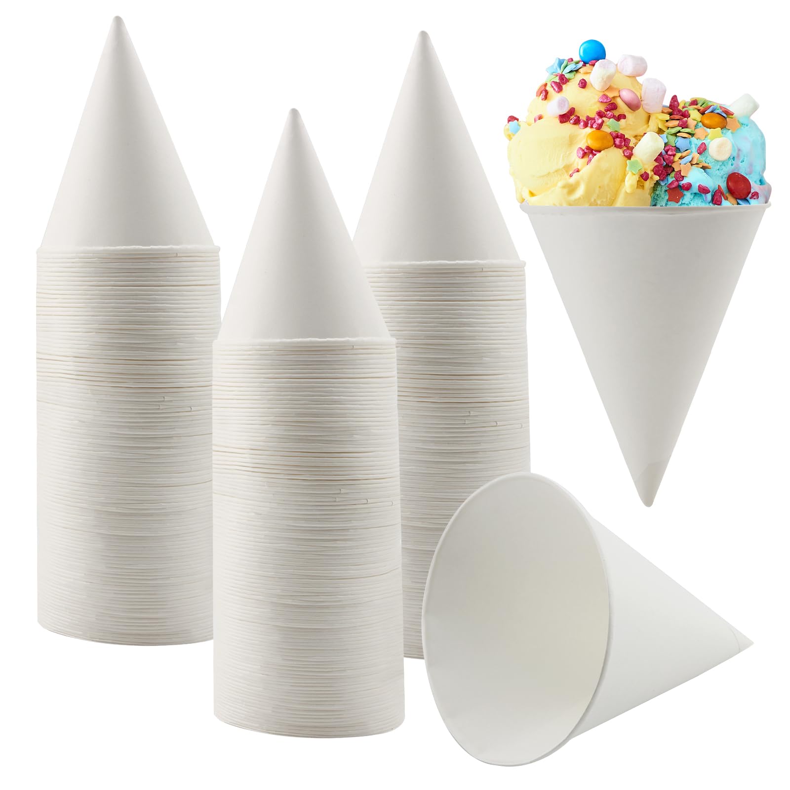 DAKFOOK 200 Pcs White Paper Cone Cups, 180ml / 6oz Disposable Snow Cone Cups, Individual Roll Rim Cone Cups for Slush, Ice Cream, Frozen Yogurt, Sorbet Water