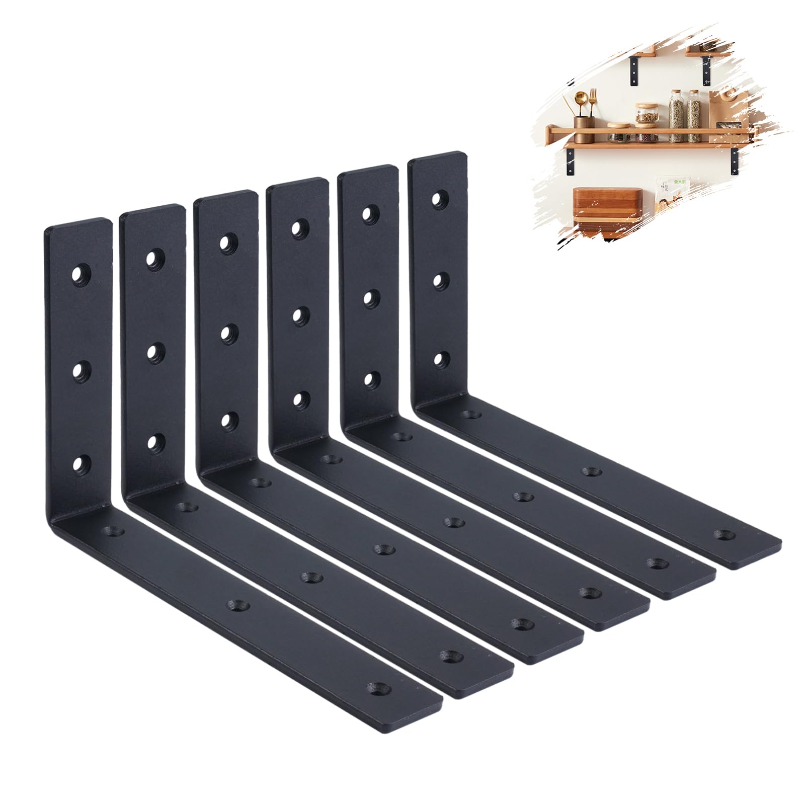 Heavy Duty Shelf Bracket, 5mm Thick Black Metal L-Shape Wall Mount Floating Shelf Brackets Supports for Home, Garage, 6 Pack (8" x 6" / 20cm x 15cm)