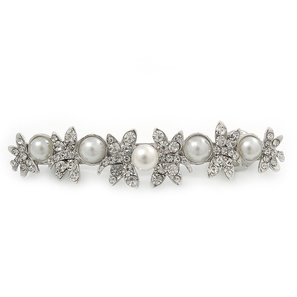 Bridal Wedding Prom Silver Tone Simulated Pearl Diamante 'Butterfly' Barrette Hair Clip Grip - 85mm Across