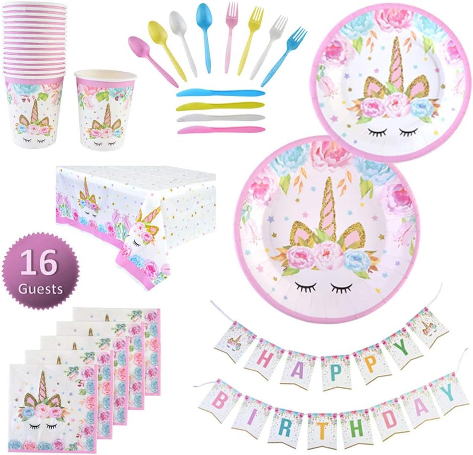 Serves 16 Guests Unicorn Birthday Party Supplies Set Pink & Gold Tableware, Plates, Cups, Napkins, Banner, Table Cover Unicorn Birthday Party Decoration Packs