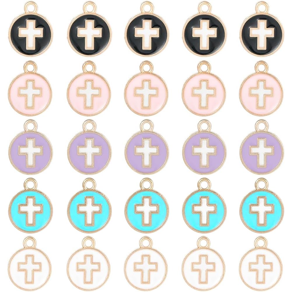 SUNNYCLUE 1 Box 50Pcs Cross Charms Bulk Black White Enamel Cross Charm Flat Round Colorful Crucifix Easter Holiday Hollow Charms for jewellery Making Charms Women DIY Earrings Bracelets Craft Supplies