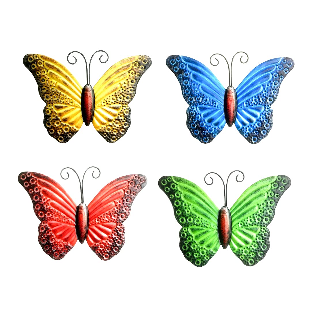 Zayookey 4 PCS Metal Butterfly Wall Decor Colorful Butterfly Outdoor Wall Art Decor Sculpture Hanging for Home, Courtyards, Front Porches, Garden, Patio, Fence (D)