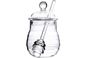 Lawei Glass Honey Jar with Dipper and Lid, 10 OZ Heat-Resistant Bee Hives Honey Pot, Clear Glass Honey Container for Store Ho