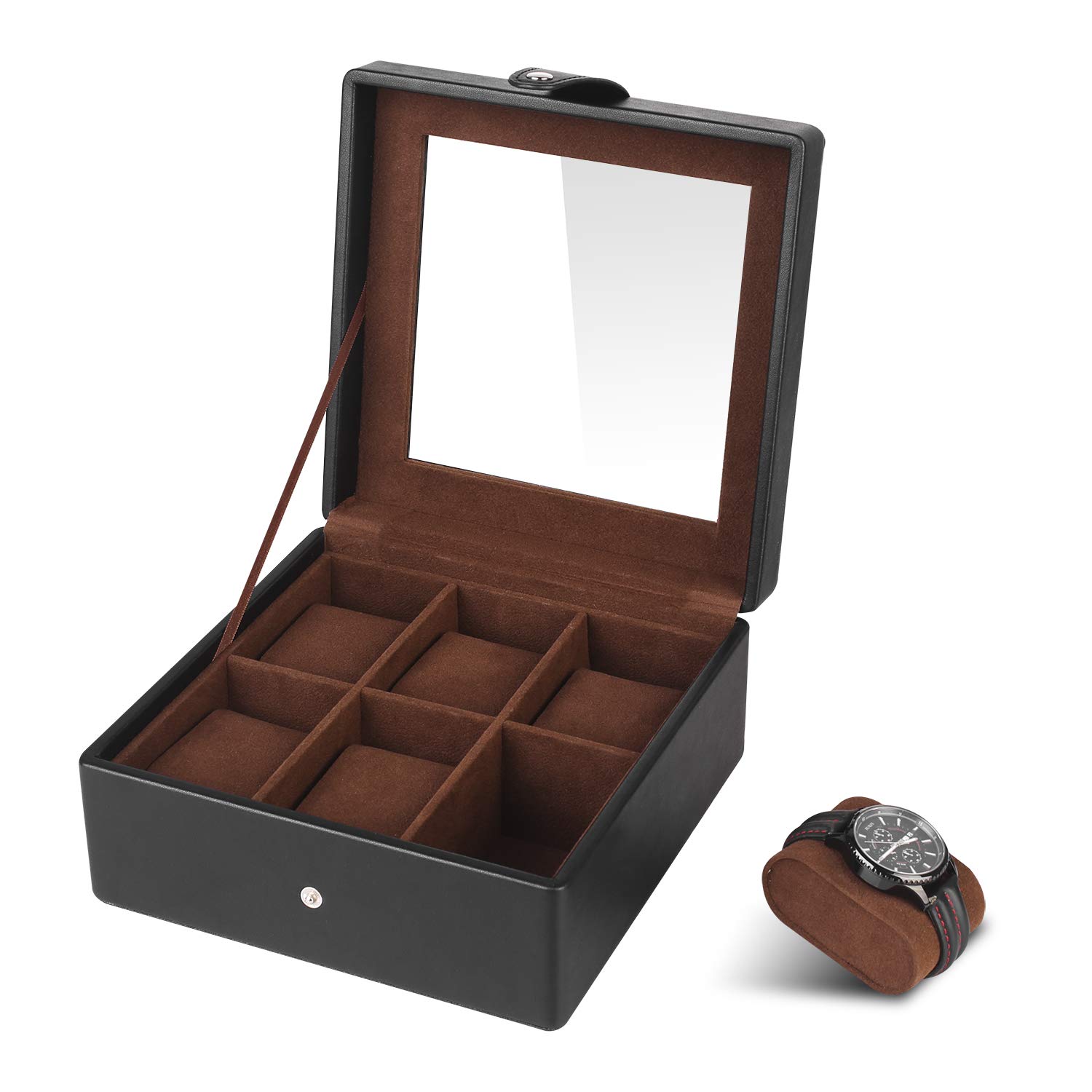 SHYOSUCCE 6 Slots Watches Storage Box with Clear Glass Window, Removable Velvet Pillow, PU Leather Watches Display Box, Black(7.7x7.7x3.7 Inch)