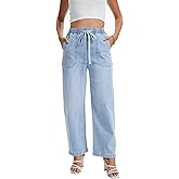 YOCUR Women's Wide Leg Drawstring High Waisted Jeans Elastic Waist Stretchy Straight Leg Baggy Denim Pants with Pockets
