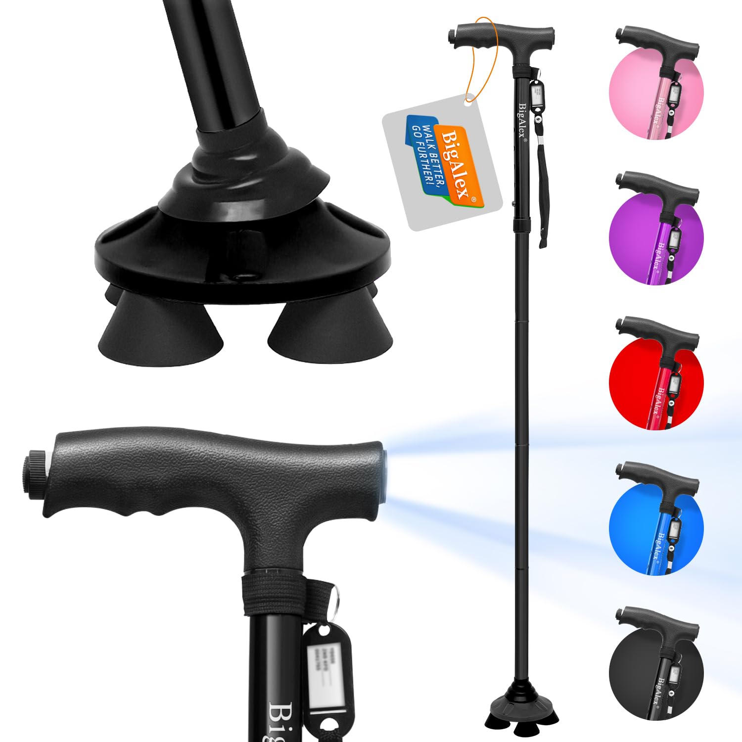 Photo 1 of BigAlex Folding Walking Cane with LED Light,Pivoting Quad Base,Adjustable Walking Stick with Carrying Bag for Men/Women
